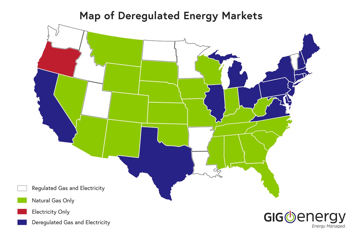 Map of deregulated energy markets in the United States — GIG Energy Corp service coverage